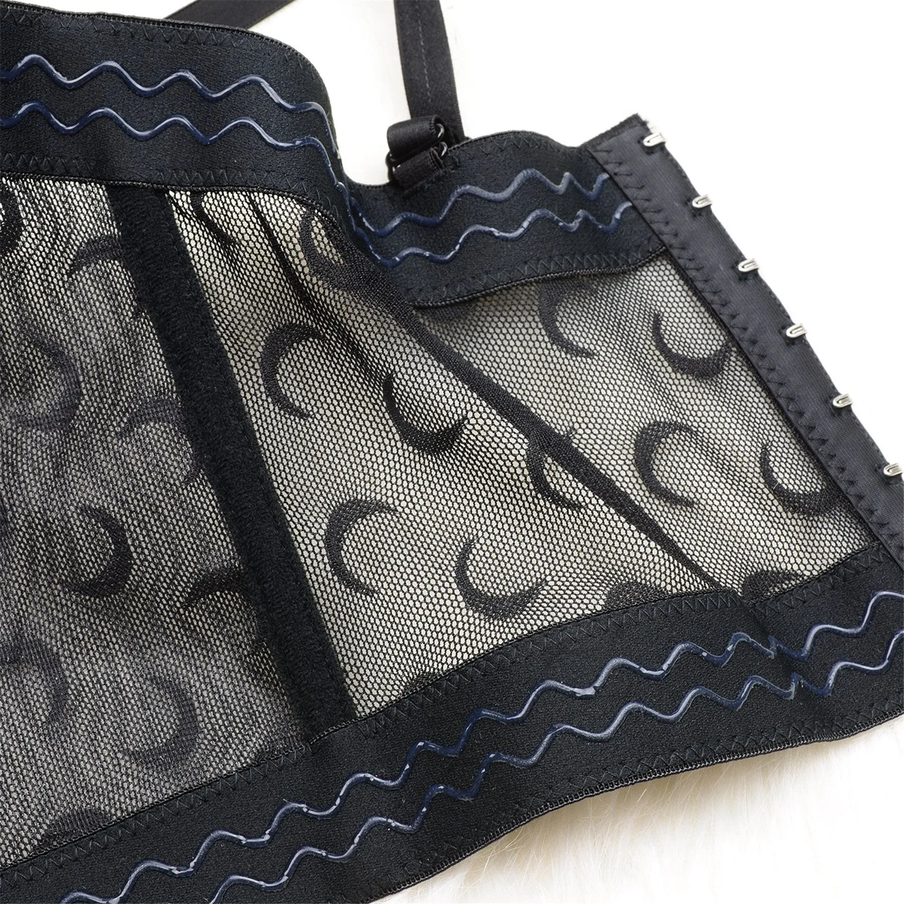 Women's Mesh Crescent Moon Print Bustier Crop Top Sexy Corset Top Bra Black 34/75