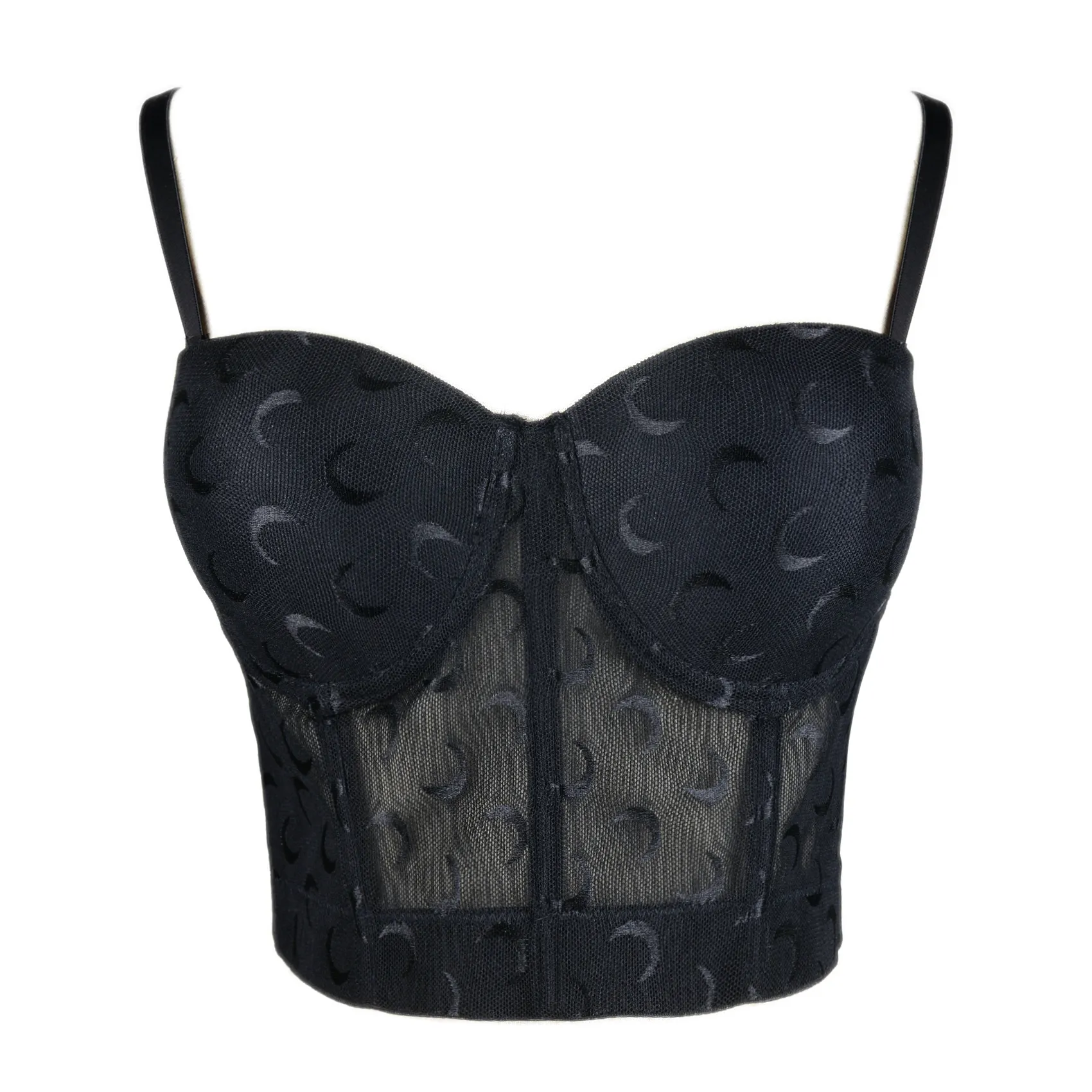 Women's Mesh Crescent Moon Print Bustier Crop Top Sexy Corset Top Bra Black 34/75