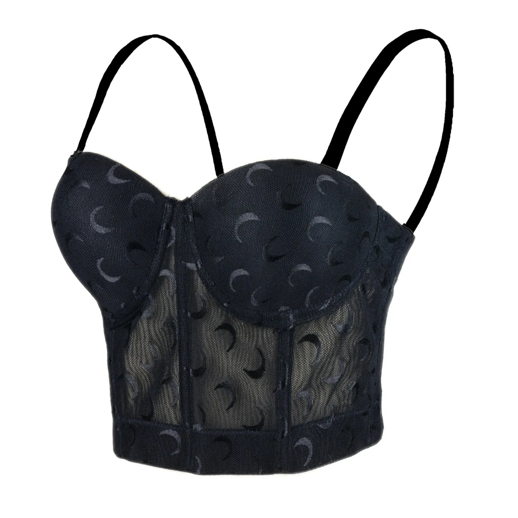Women's Mesh Crescent Moon Print Bustier Crop Top Sexy Corset Top Bra Black 34/75