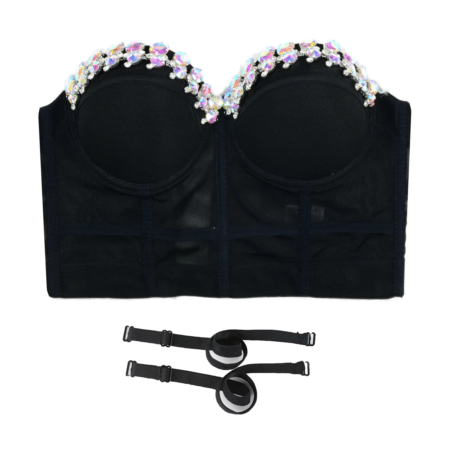 Women's Mesh Rhinestone Bustier Crop Top Party Club Corset Top Bralet Black