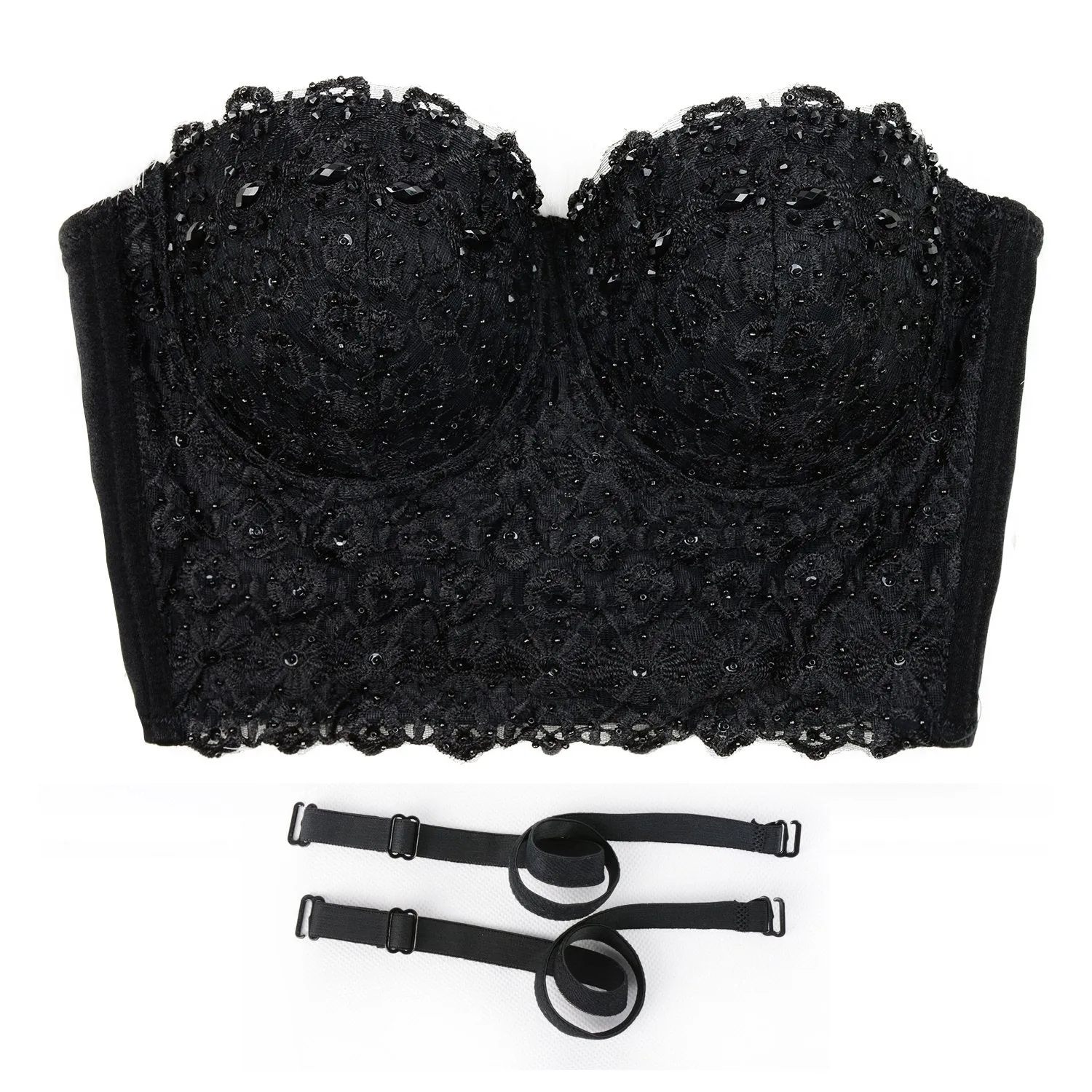 Women's Natural Reigning Lace Rhinestone Bustier Crop Top Sexy Mesh Corset Top Bra Black