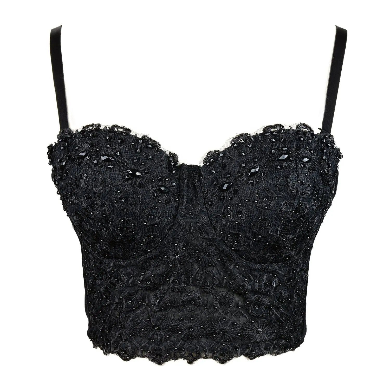 Women's Natural Reigning Lace Rhinestone Bustier Crop Top Sexy Mesh Corset Top Bra Black
