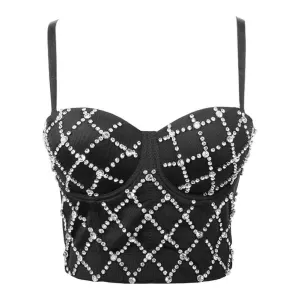 Womens Red Crop Tops Spaghetti Straps Beaded Push Up Corset Bra Party Black Top