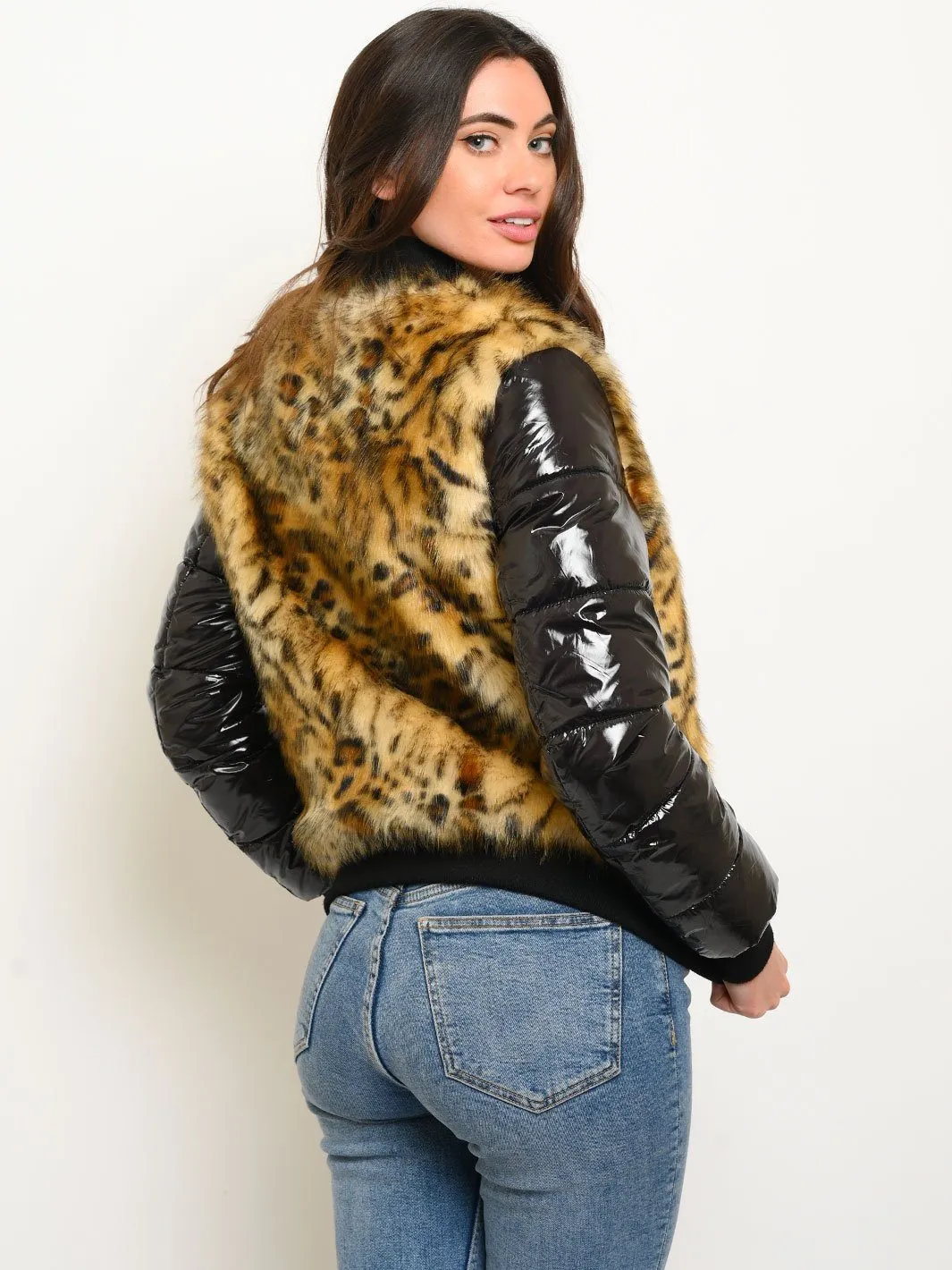 WOMEN'S SHORT FAUX FUR ANIMAL PRINT JACKET
