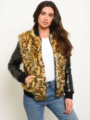 WOMEN'S SHORT FAUX FUR ANIMAL PRINT JACKET