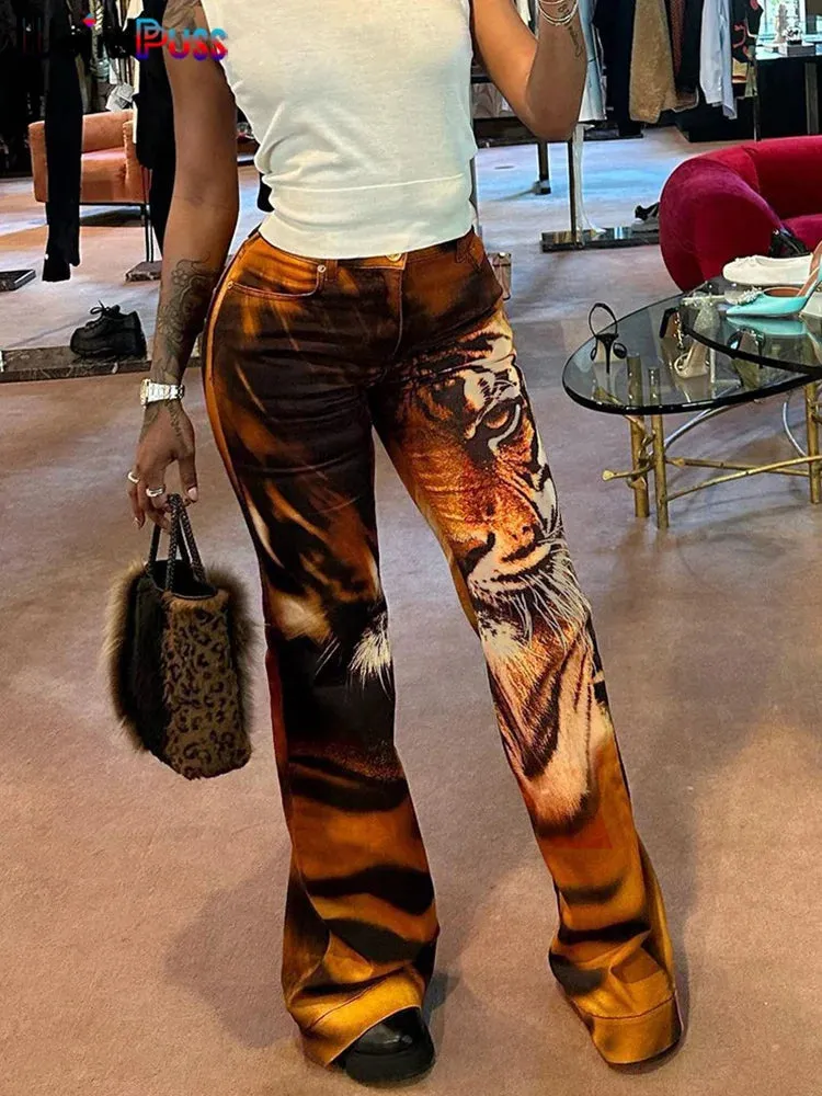 Women's Tiger Print Flare Pants