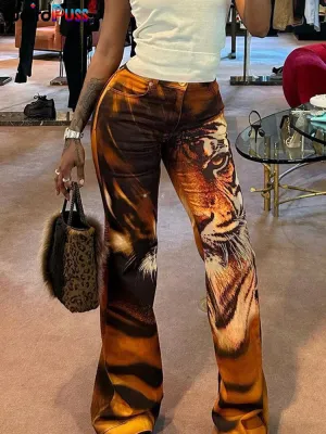 Women's Tiger Print Flare Pants