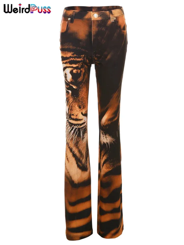 Women's Tiger Print Flare Pants