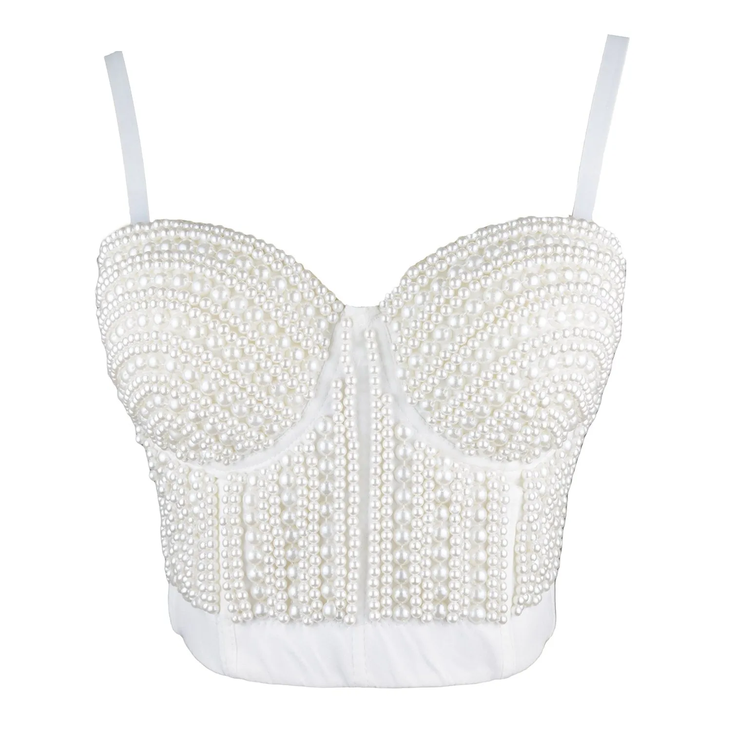 Woment's Pearls Beaded Bustier Crop Top Club Party Sexy Corset Top Bra White