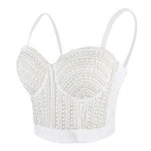 Woment's Pearls Beaded Bustier Crop Top Club Party Sexy Corset Top Bra White