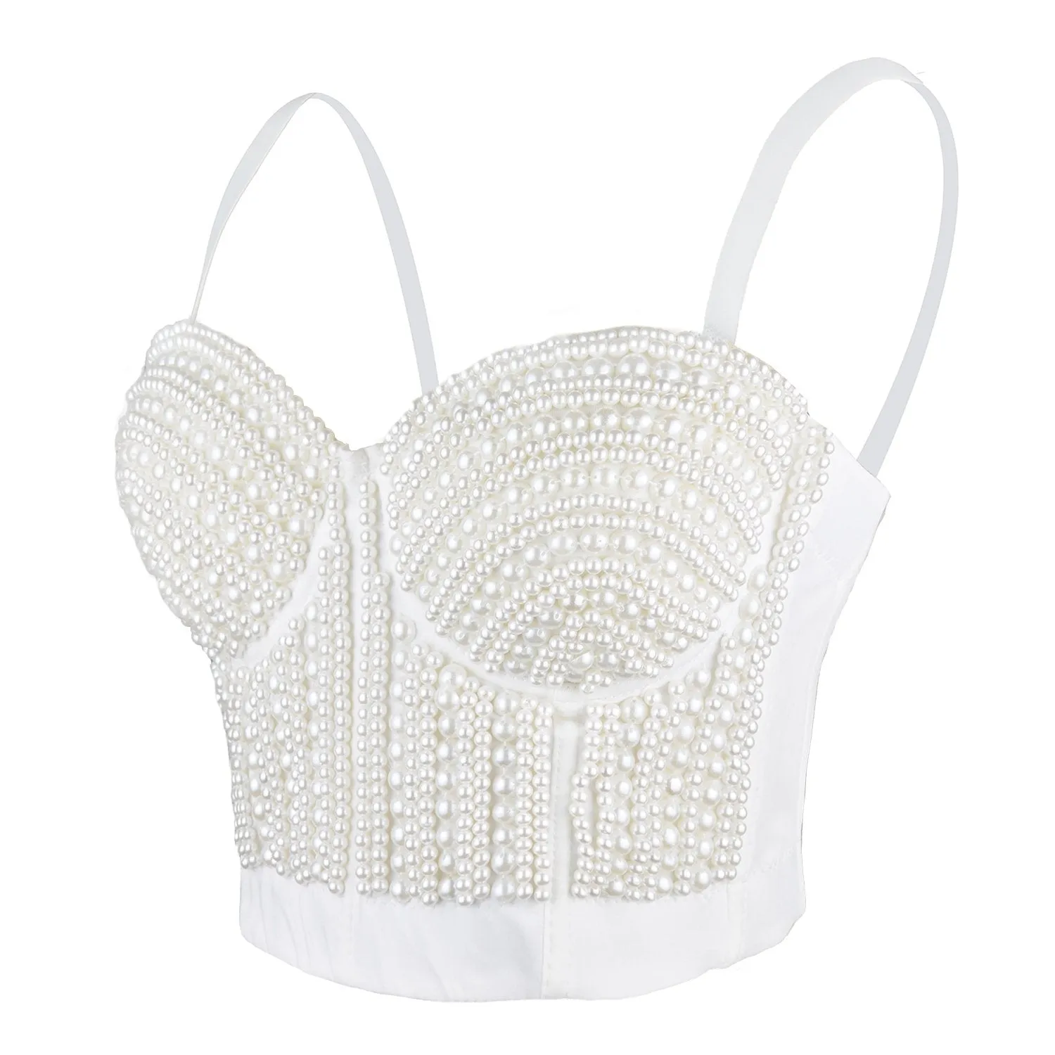 Woment's Pearls Beaded Bustier Crop Top Club Party Sexy Corset Top Bra White