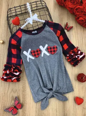 XOXO Plaid Raglan Knot Hem Top